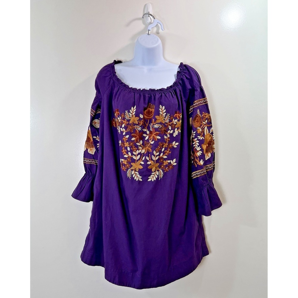 Free People Womens Embroidered Floral Peasant Swing Dress S Boho Festival Flowy
